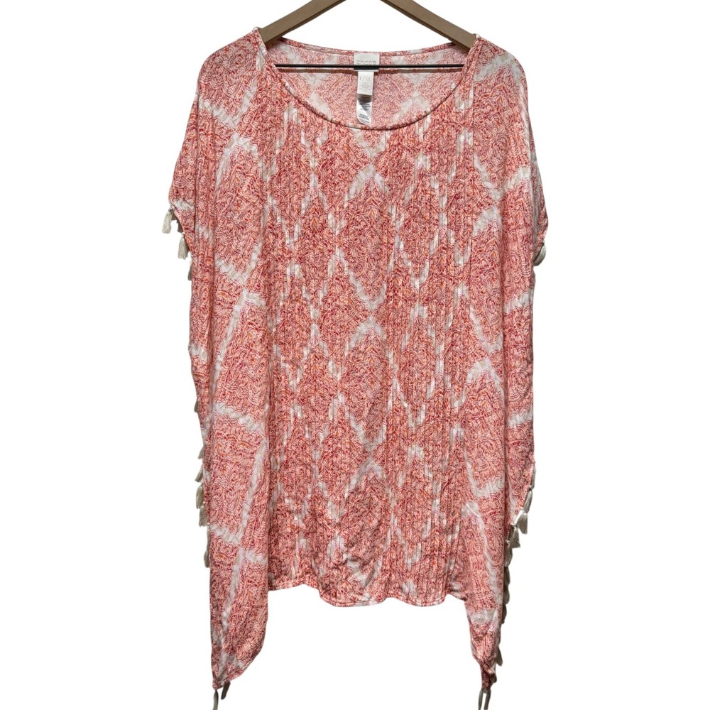 Chicos Poncho Kimono Top Size L/XL Colorful Boho Artsy Tassel Cover Up